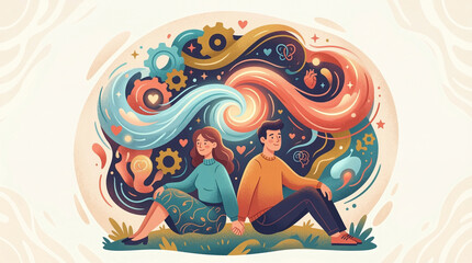 Fototapeta premium Conceptual illustration of libido balance and dynamic intimacy in a relationship, showing a harmonious couple with balanced emotional and physical connection, gender psychology and partnership harmony