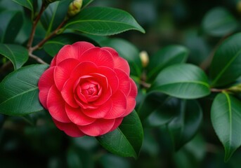 Lush velvety petals of a vibrant red camellia flower bloom against deep green glossy leaves on a springtime branch in a peaceful garden setting, plant, delicate, camellia