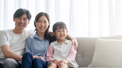 ソファで寄り添い微笑む親子の温かいファミリーイメージ