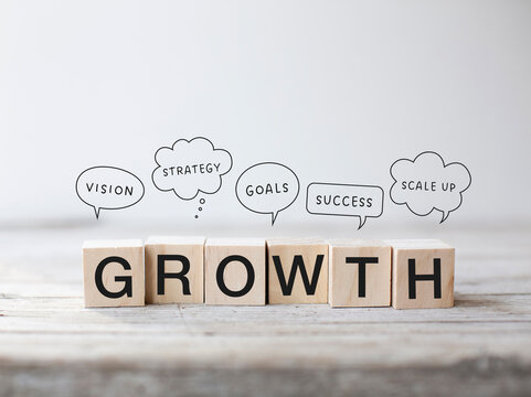 6 small wooden cubes with the word &ldquo;Growth&rdquo; written on them. Speech bubbles above them with the words: vision, strategy, goals, success, scale up