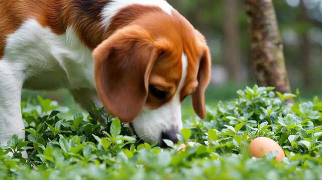 Beagle dog sniffing for Easter eggs hidden in green bushes outdoors