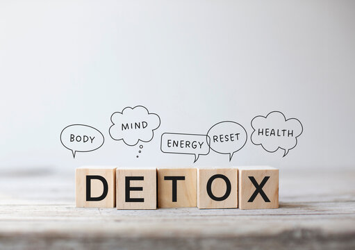 5 small wooden cubes with the word &ldquo;Detox&rdquo; written on them. Speech bubbles above them with the words: Body, Mind, Energy, Reset, and Health.