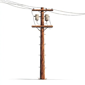 A detailed cartoon illustration of a utility pole with wires and transformers on a white background