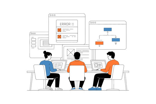 Computer programmers working on coding projects with error messages