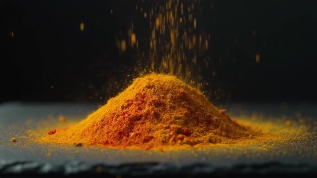 Turmeric Powder Explosion: An artful shot of turmeric powder, the vibrant spice, as it gently rains down, creating a vivid, eye-catching visual of culinary delight.