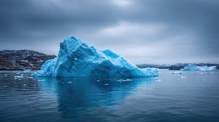 The iceberg displays a vivid blue color and detailed shapes, with other icebergs floating on the calm water in the background of the Arctic landscape, and the sky is cloudy.