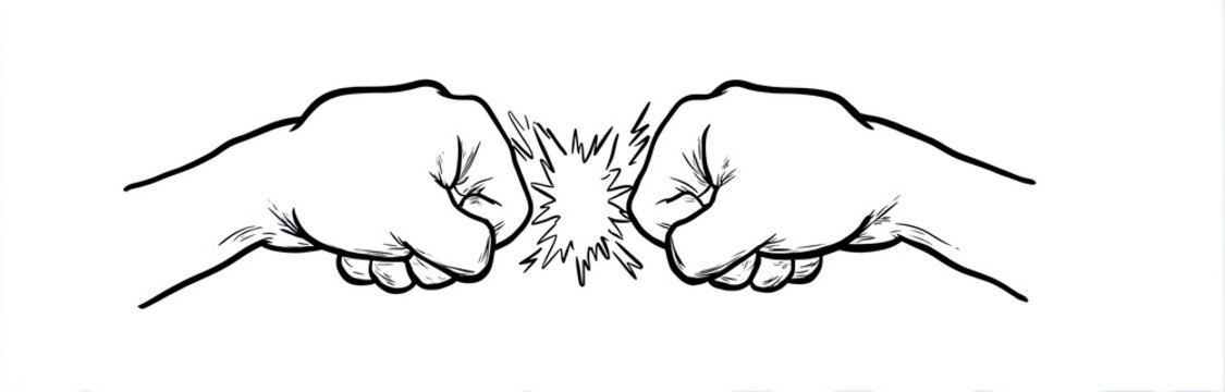 Black and white illustration of two clenched fists colliding, creating impact