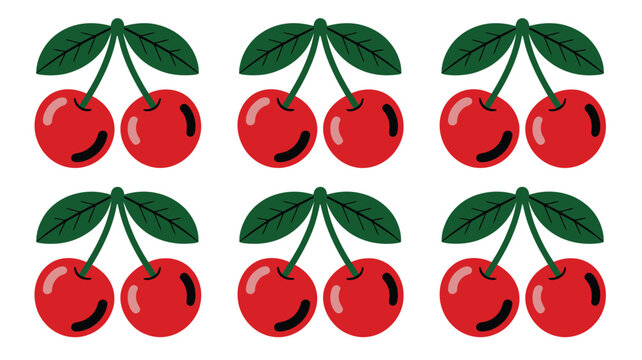 Cherry illustration of multiple red cherries with green leaves vector icon
