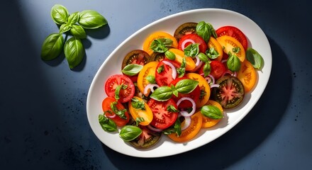 Delicious italian caprese salad with fresh tomatoes and basil leaves