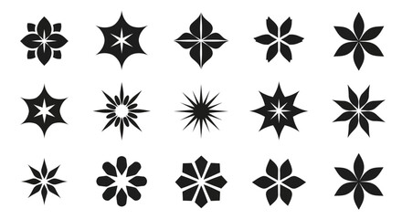 Black Floral and Star-like Shapes Collection, Decorative Blossom Icons on Isolated White Background
