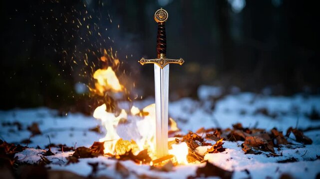Ornate medieval fantasy sword thrust into the snowy ground with burning flames and golden sparks in a winter forest