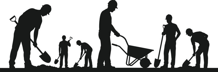 Manual construction workers digging soil silhouette set, labor team with shovels and wheelbarrow, industrial excavation vector isolated on white background © SreeKhamol