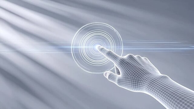 Wireframe hand touching digital interface
