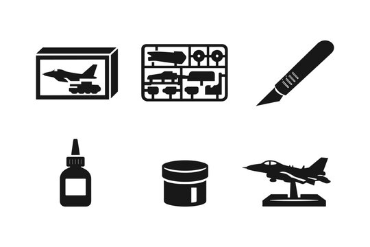 Model building kit icons: airplane, parts, tools, glue, paint, and finished model