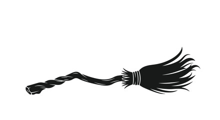 Fototapeta premium Black silhouette of a traditional witch broomstick with a twisted handle and a frayed straw brush on a white background.