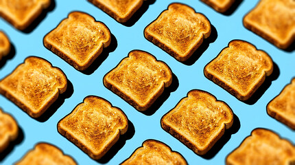 Toasted bread slices arranged in a repeating pattern on blue background  