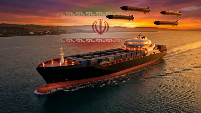 Aerial View Cargo Freighter Under Missile Threat at Sea