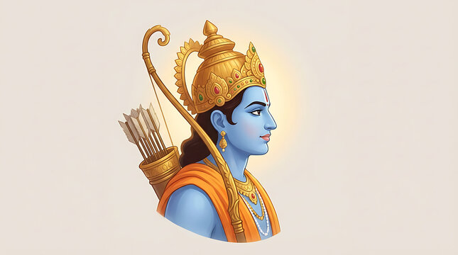 Side profile of lord rama with a golden bow and quiver of arrows for the religious celebration of rama puja ram navami and dussehra festivals