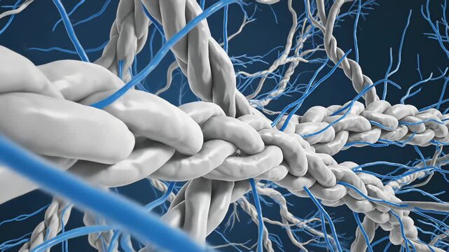 Macro medical animation showing intertwined collagen fibers and elastic elastin threads inside the dermis layer, forming a dense microscopic structural network