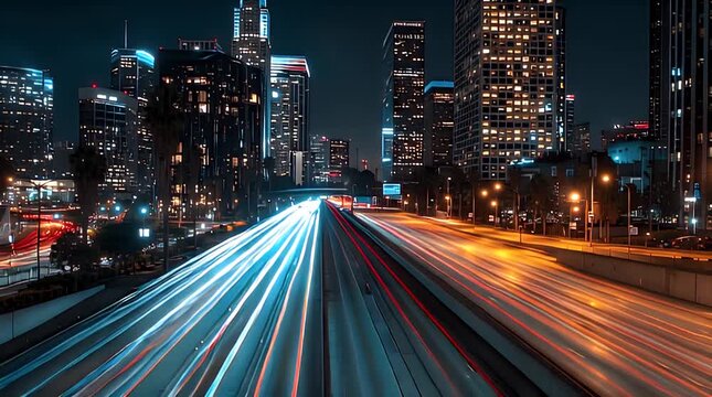 Dramatic hyper smooth night city timelapse showing colorful light trails from fast moving vehicles passing through illuminated downtown streets between skyscrapers creating dynamic urban energy and mo