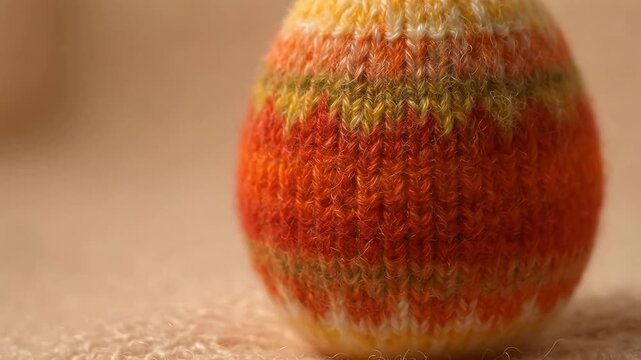 Close-up macro shot of a knitted egg with vibrant orange and green stripes