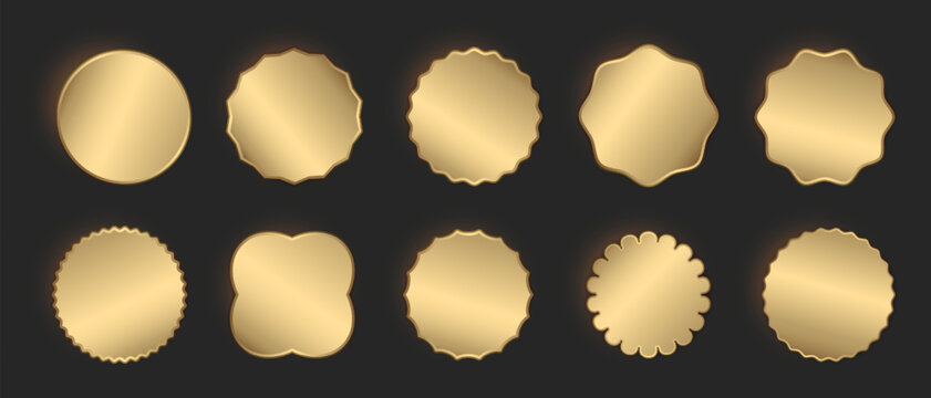 Gold medal badges of various shapes on a dark background, 3D golden buttons stars and ovals, Quality badge metal sticker