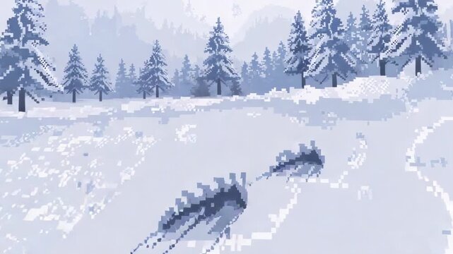 Sliding three dark long tracks across pixel art snowy field as frames advance, leaving clear trails
