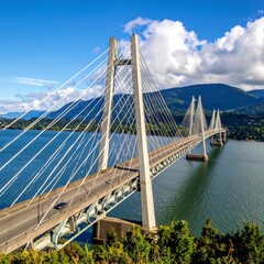 Obraz premium A stunning elevated angle showcases a contemporary cable-stayed bridge spanning tranquil water with mountains
