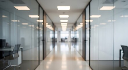 Fototapeta premium Modern office hallway with glass walls and fluorescent lighting