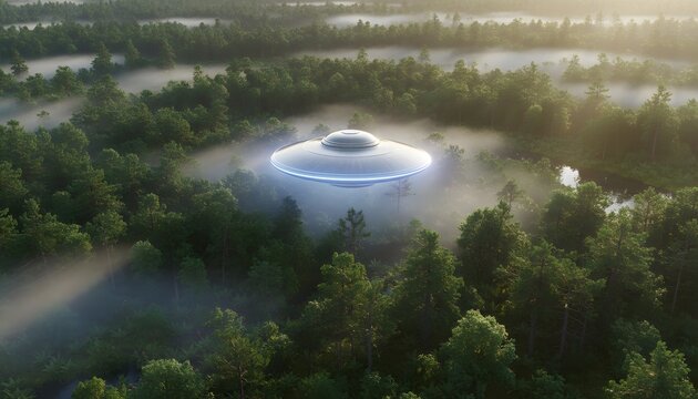 Mysterious UFO Hovering Above Misty Forest At Dawn, Unveiling Extraterrestrial Encounter