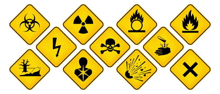 Globally harmonized system hazard pictograms. GHS signs. Labelling of Chemicals. Globally Harmonized System symbol.