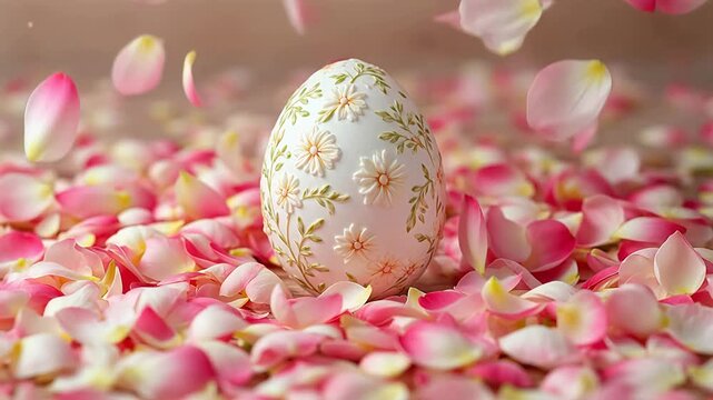 Beautifully Decorated Easter Egg Surrounded by Falling Pink Rose Petals