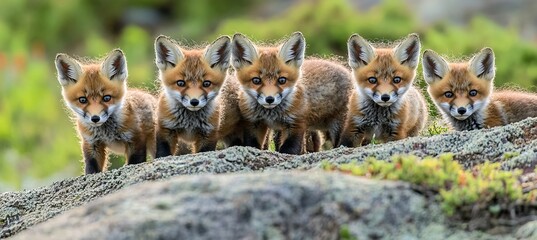 Fototapeta premium Five Playful Red Fox Cubs Curiously Exploring a Rocky Outcrop in a Lush Green Woodland Habitat