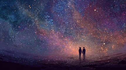 Fototapeta premium lovers made of starlight holding hands in the galaxy, cosmic romance