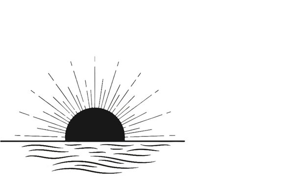 Abstract black sunburst over wavy water line, minimal graphic