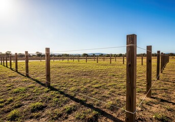 Fototapeta premium Empty vacant building lot with wooden stakes marking the boundary lines under a clear sunny sky, illustrating future real estate development, marker, grass, sunlight