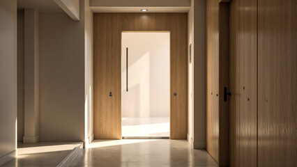 Modern Interior Hallway with Natural Light and Wooden Doors