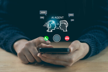 Hands holding smartphone with AI agent hologram interface. Artificial intelligence chatbot and virtual assistant communication concept.