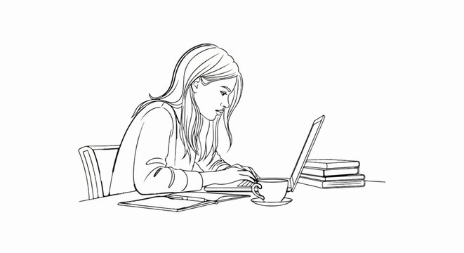 Woman with long hair typing on laptop, with coffee, books, and notepad