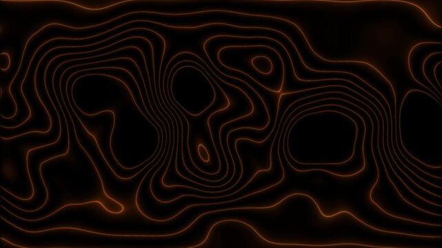 Topographic Contour Lines Abstract Pattern in Glowing Orange on animated Black background, Abstract orange topographic map lines with glowing stars on dark orange starry background