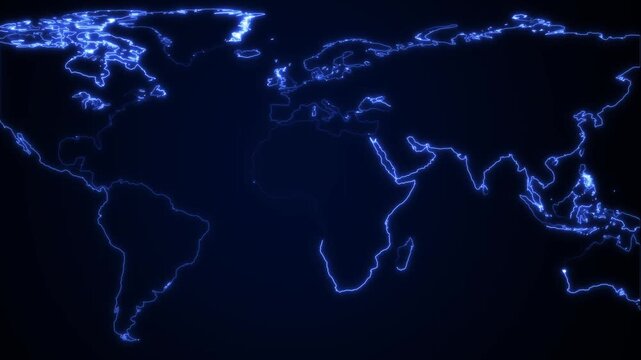 Global World Map Outline Glowing Deep Blue on animated Black Background earth, Abstract neon dual color blue with global world map animation, world map outline animation.