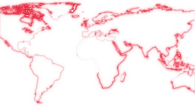 Globe earth with glowing red outline of world map on animated , Digital map showing continents and global network connection waves, Abstract technology concept with neon red earth illustration.