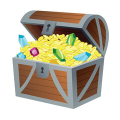 Treasure gold coins. Chest full of shiny royal gold and gemstones. Gold treasure, shiny savings, golden coins isolated on white background. Vector cartoon icon © the8monkey