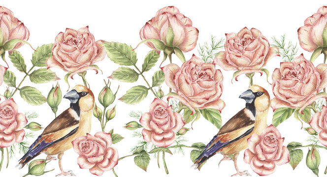 Watercolor delicate seamless border with pink roses illustration, florals arrangement, wedding invitation frame, save the date