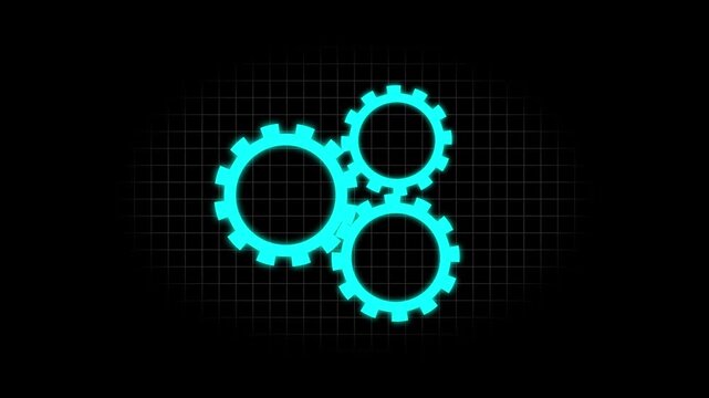 Three Cyan Glowing Gears Interlocking on a Dark Grid animated Background cogs mechanism,Three cyan interlocking gears with a glowing cyan outline on a solid black grid background animation.