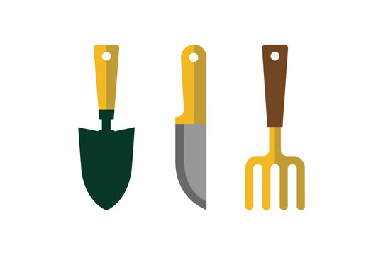Gardening tools vector illustration set with shovel, knife, and fork