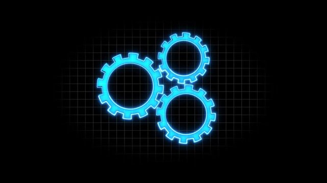 Blue Neon Gears Meshing Together on a Dark Grid Backdrop cogs mechanism animated, Three blue interlocking gears with a glowing cyan outline on a solid black grid background animation.