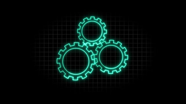 Teal Glowing Gears Interconnected on a Dark Grid Surface cogs mechanism animated, Three teal interlocking gears with a glowing cyan outline on a solid black grid background animation.