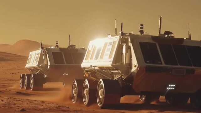 Mars Exploration Vehicles: Two cutting-edge exploration vehicles traverse the red terrain of mars, kicking up dust as they forge a path into the unknown.