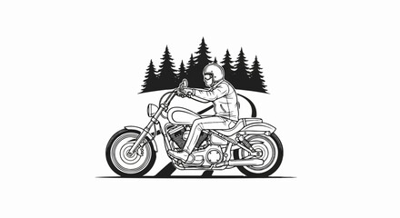 Biker rides motorcycle past pine trees on road © Anjing